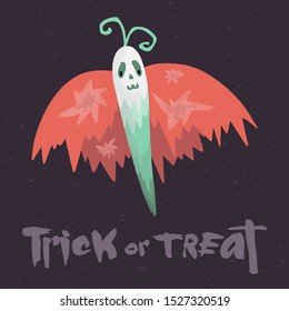 Scary butterfly vampire with lettering Trick or Treat. Hand drawn vector character. Halloween textured greeting card, costume party. 