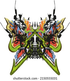 Scary butterfly wings with colorful snake motifs on white. Monster tribal butterfly wings with floral and snake elements for holidays and events, fabric, wallpaper, fashion, posters, textiles, etc.