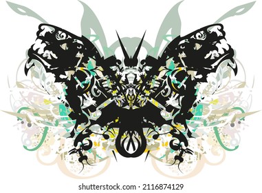 Scary butterlfy with an unusual wolf pattern and floral elements. Grunge colorful butterfly wings splashes for fabric, prints, textiles, holidays or events, wallpaper, fashion trends, posters, etc.