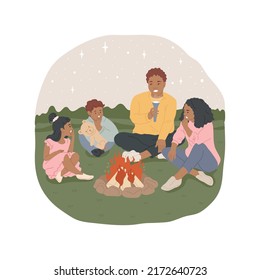 Scary campfire stories isolated cartoon vector illustration. Camping in the nature, campfire fun, father telling scary story to children, family spending night near bonfire vector cartoon.