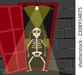 Scary card with Skeleton in the doorway against Nuclear Hazard Symbol. Dead person and Red Door. Horror banner. Vector illustration. Apotheosis Of Nuclear War