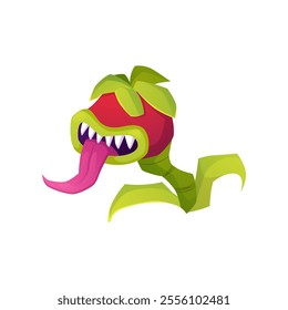 Scary carnivorous monster plant with flytrap. Cartoon vector creepy dangerous fantasy flower predator. Angry flower monster plant with mouth, teeth and tongue sticking out. Alien poisonous creature