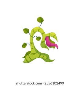 Scary carnivorous monster plant with flytrap on stem. Cartoon creepy dangerous fantasy flower predator. Vector flat magic flower monster plant with mouth and tongue sticking out. Alien creature