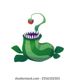 Scary carnivorous monster plant with open trap with bait. Angry flower monster plant with mouth and teeth. Creepy dangerous fantasy flower predator. Cartoon vector alien poisonous creature