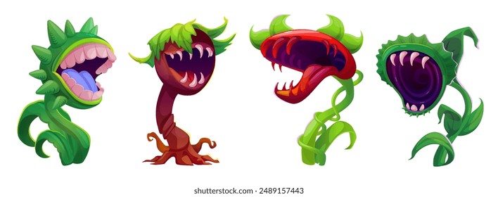 Scary carnivorous monster plants with flytrap on stem. Creepy dangerous fantasy flowers with mouth and teeth. Cartoon vector illustration set of horrible predatory alien poisonous creatures.