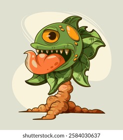 Scary carnivorous plant character with sharp teeth, red tongue and yellow eyes. Predatory floral monster growing from brown roots. Dangerous comic vegetation creature for vintage game asset design.