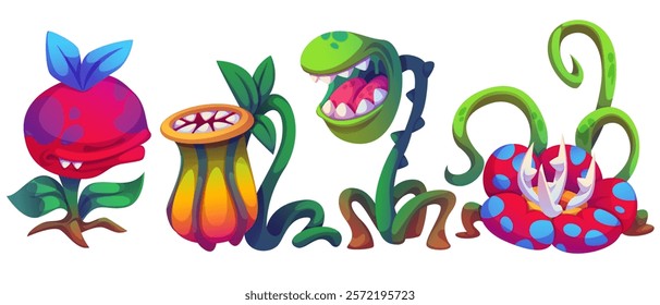 Scary carnivorous plant monsters with sharp teeth. Fantasy garden creatures - pink blossom, orange spotted pitcher, green serpentine stem with fangs, spotted predator flower for game design.