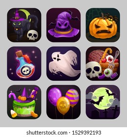 Scary cartoon app icons with Halloween attributes. Ghost, pumpkin, witch hat, ful moon, poison, black cat icon. Vector square logo for game design.