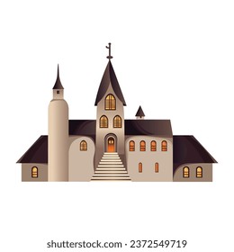 Scary cartoon castle with ligting windows, halloween theme holiday. Vector illustration.