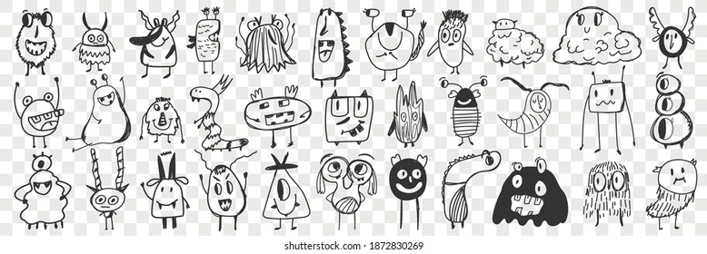 Vektor Stok Scary Cartoon Characters Hand Drawn Doodle (Tanpa Royalti