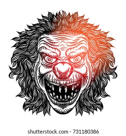 Scary cartoon clown illustration. Blackwork adult flesh tattoo concept. Horror movie zombie clown face character. Vector.