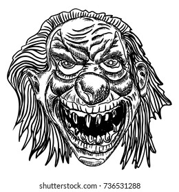 Scary cartoon clown illustration. Blackwork adult flesh tattoo concept. Horror movie zombie clown face character. Vector.