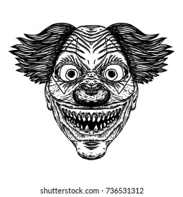 Scary cartoon clown illustration. Blackwork adult flesh tattoo concept. Horror movie zombie clown face character. Vector.