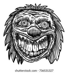 Scary cartoon clown illustration. Blackwork adult flesh tattoo concept. Horror movie zombie clown face character. Vector.