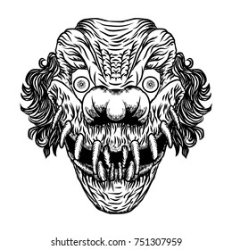 Scary cartoon clown illustration. Blackwork adult flesh tattoo concept. Horror movie zombie clown face character. Vector.