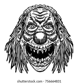 Scary cartoon clown illustration. Blackwork adult flesh tattoo concept. Horror movie zombie clown face character. Vector.