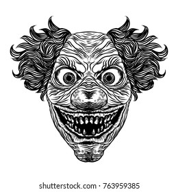 Scary cartoon clown illustration. Blackwork adult flesh tattoo concept. Horror movie zombie clown face character. Vector.