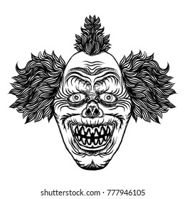 Scary cartoon clown illustration. Blackwork adult flesh tattoo concept. Horror movie zombie clown face character. Vector.