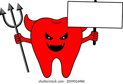 Scary cartoon devil tooth character holding a sign. Happy halloween concept. Vector illustration.