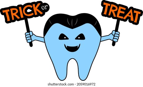 Scary cartoon dracula tooth character holding a sign. Trick or treat. Happy halloween concept. Vector illustration.