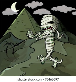 Scary cartoon Egyptian mummy in front of pyramids.