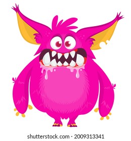 Scary cartoon furry monster character. Illustration of cute and angry mythical alien creature. Halloween design. Great for party decoration, poster or package design