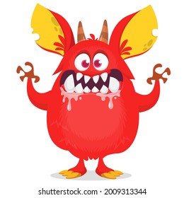 Scary cartoon furry monster character. Illustration of cute and angry mythical alien creature. Halloween design. Great for party decoration, poster or package design