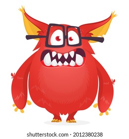 Scary cartoon furry monster character. Illustration of cute and happy mythical alien creature. Halloween design. Great for party decoration, poster or package design
