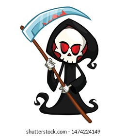 Scary cartoon grim reaper with scythe. Halloween death character illustration