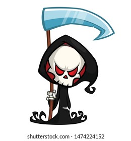 Scary cartoon grim reaper with scythe. Halloween death character illustration