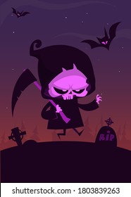 Scary cartoon grim reaper with scythe. Halloween death character illustration