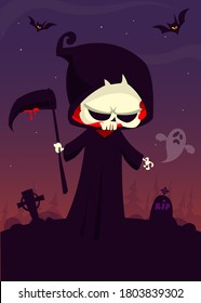 Scary cartoon grim reaper with scythe. Halloween death character illustration