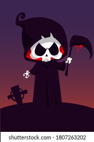 Scary cartoon grim reaper with scythe. Halloween death character illustration