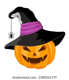 Scary Cartoon Halloween pumpkin wearing a witch hat with cobweb and spider on white background. Halloween decoration element. Happy Halloween festival concept vector illustration.