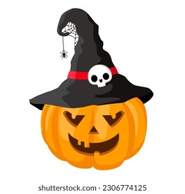 Scary Cartoon Halloween pumpkin wearing a witch hat with cobweb and spider on white background. Halloween decoration element. Happy Halloween festival concept vector illustration.