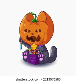 Scary cartoon kitten with a pumpkin on his head. Halloween vector illustration isolated on white background. Suitable for postcards, t-shirts, mugs, and more.