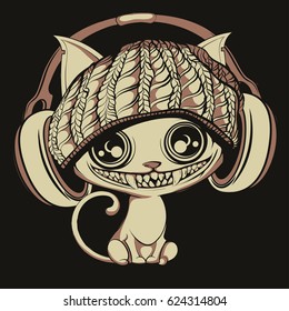 scary cartoon kitty in hat with headphones 