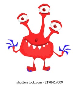 Scary cartoon monster character with three eyes. Illustration of cute and happy alien creature. Halloween design. 