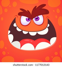 Scary cartoon monster face design. Vector Halloween orange monster illustration isolated