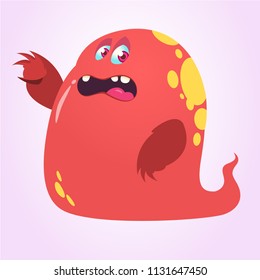 Scary cartoon monster or ghost  pointing hand. Vector  Halloween illustration of red ghost