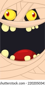  Scary cartoon monster mummy face vector. Cute square avatar or icon. Halloween illustration. Great for party decoration, package design