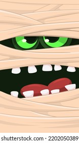  Scary cartoon monster mummy face vector. Cute square avatar or icon. Halloween illustration. Great for party decoration, package design