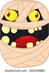  Scary cartoon monster mummy face vector. Cute square avatar or icon. Halloween illustration. Great for party decoration, package design