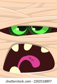  Scary cartoon monster mummy face vector. Cute square avatar or icon. Halloween illustration. Great for party decoration, package design