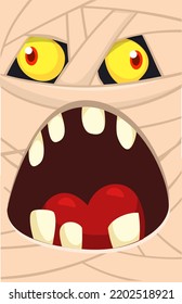  Scary cartoon monster mummy face vector. Cute square avatar or icon. Halloween illustration. Great for party decoration, package design