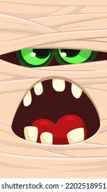  Scary cartoon monster mummy face vector. Cute square avatar or icon. Halloween illustration. Great for party decoration, package design