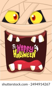 Vector de cara de momia monstruo de dibujos animados de miedo aislado. Divertido avatar cuadrado o máscara. ilustración de Halloween. Ideal para decoración de fiestas o diseño de paquetes.