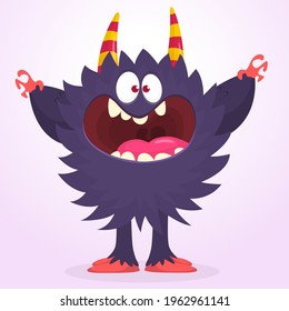 Scary cartoon monster waving. Vector cute monster mascot illustration for Halloween
