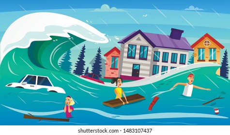 Scary Cartoon People in Water, Tsunami Wave Vector Illustration. Car Drown, Houses Submerged. Heavy Flood River Overflow. Global Warming Climate Change. Natural Disaster Catastrophe