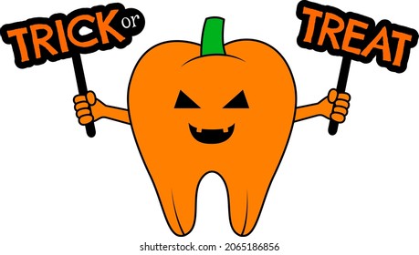 Scary cartoon pumpkin tooth character holding a sign. Trick or treat. Happy halloween concept. Vector illustration.